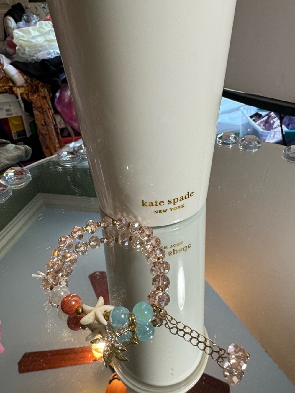 kate spade White travel tumbler with straw & glass beaded bracelet.NWOT - Picture 2 of 7